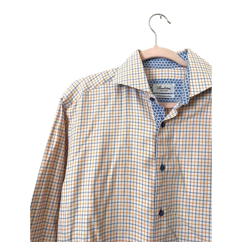 STENSTROMS‎ Fitted Checkered Dress Shirt Orange/Blue 39/15.5 - Picture 3 of 4